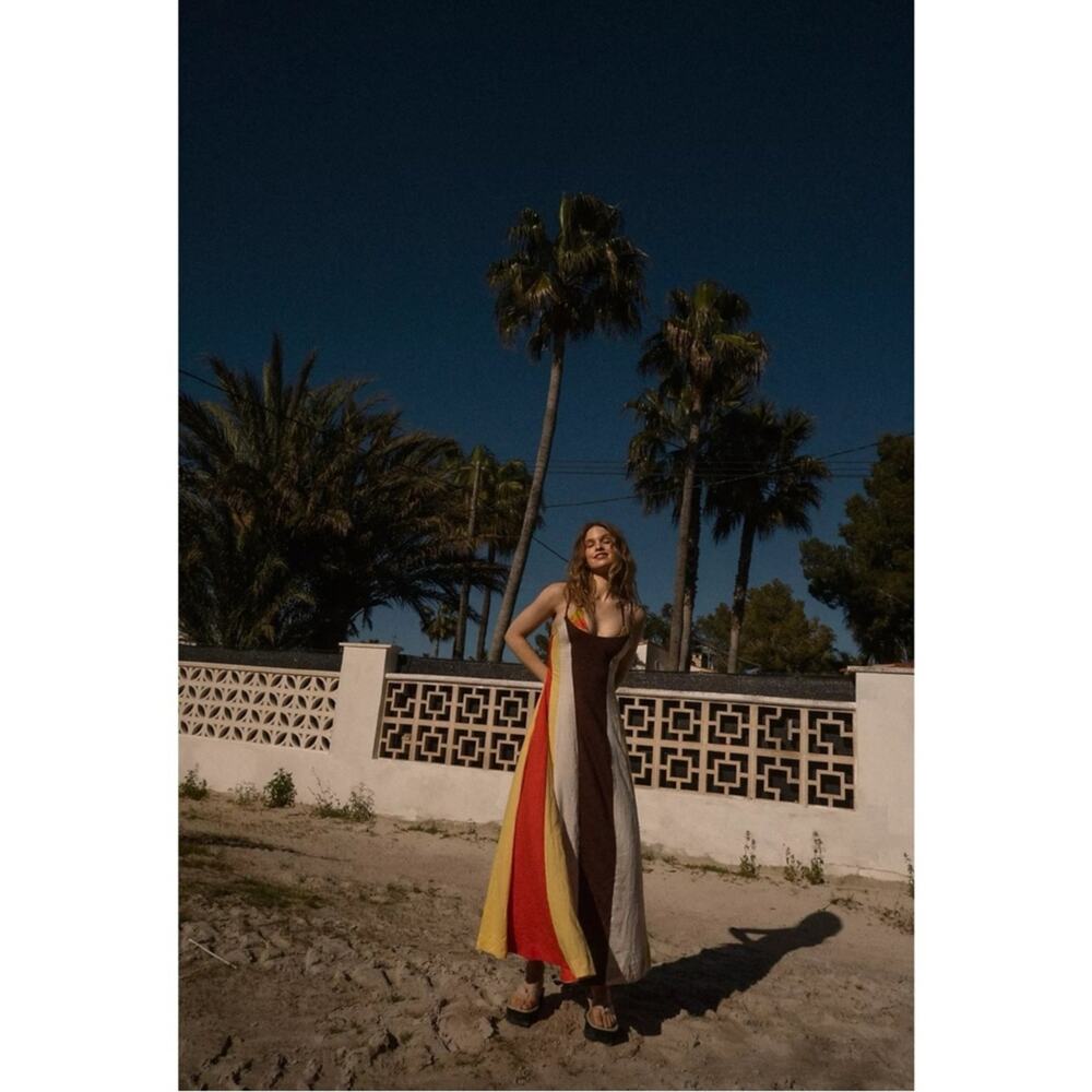 Free People Linen Retro 70s Color Harmony Maxi Dress in Chocolate Combo Small - Picture 5 of 10